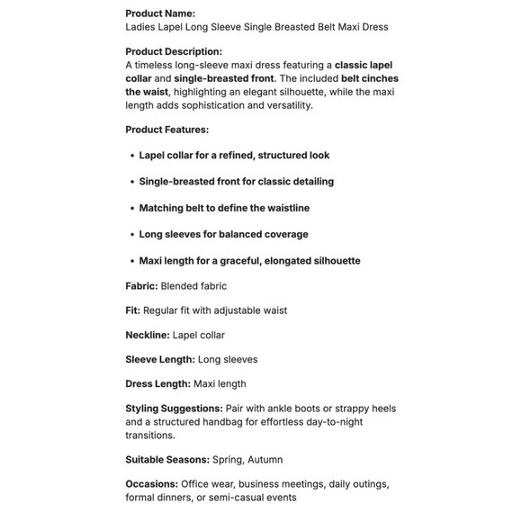 Ladies Lapel Long Sleeve Single Breasted Maxi Dress with Black Belt - Picture 4 of 5